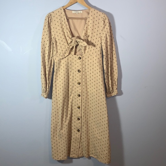 ANTHROPOLOGIE ENGLISH FACTORY FRONT KNOT BUTTON MIDI DRESS SMALL TAN FLANNEL - Picture 4 of 12